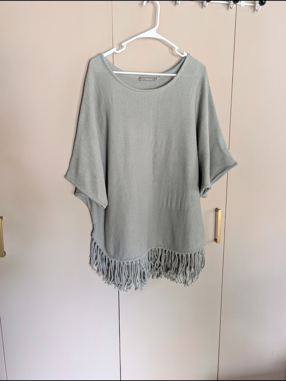 NY Collection Light Gray Fringed Poncho Top